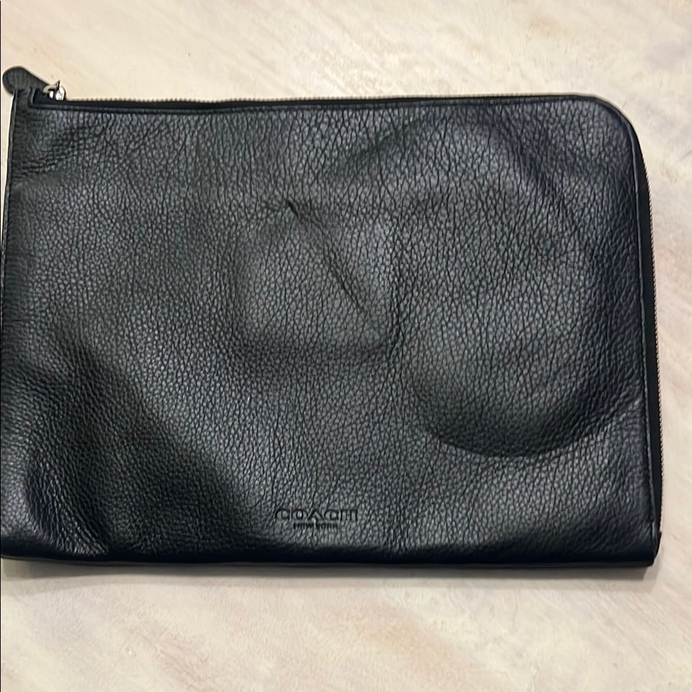 Coach Black Leather Laptop Bag with Zipper Closure